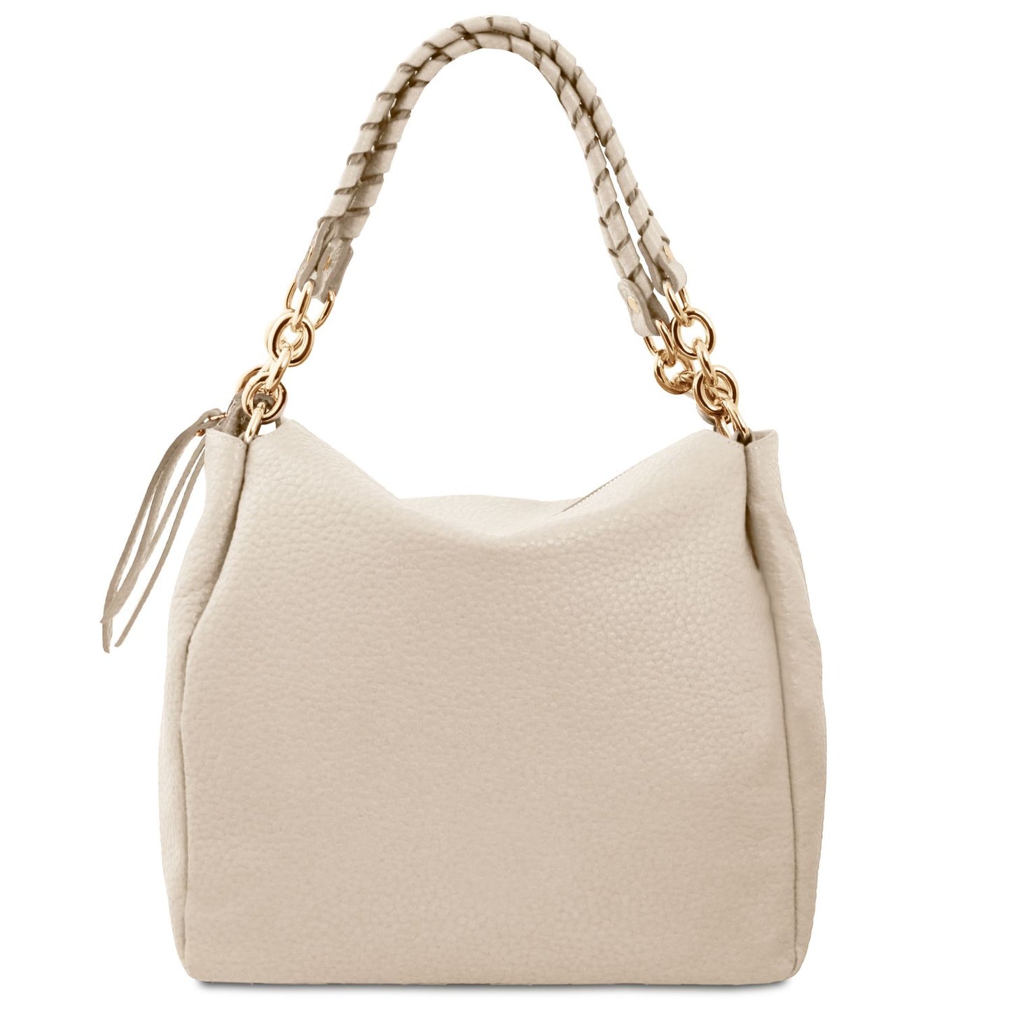 Amy Soft Leather Tote Bag Beige Pebbled Leather Handles gold tone chain hardware by Montipi Australia