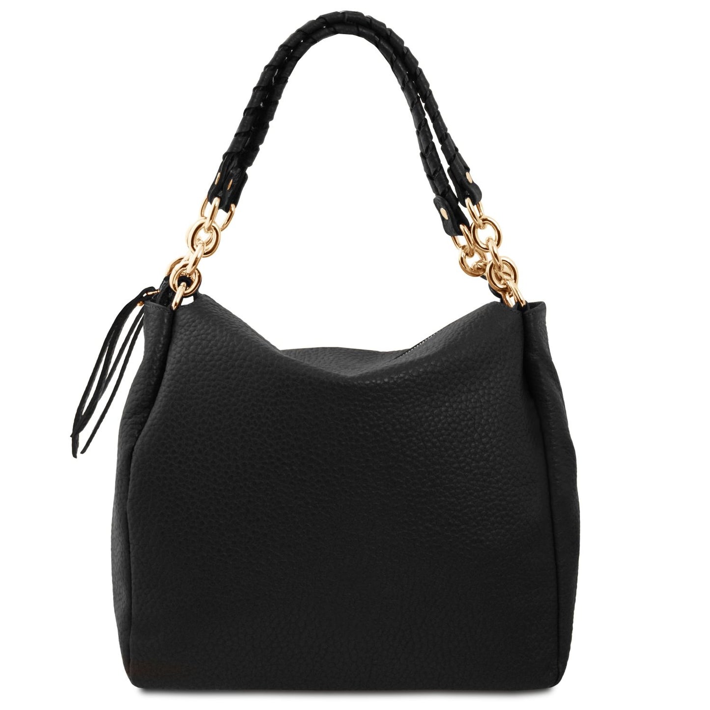 Amy Soft Leather Tote Bag Black Pebbled Leather Handles gold tone chain hardware by Montipi Australia