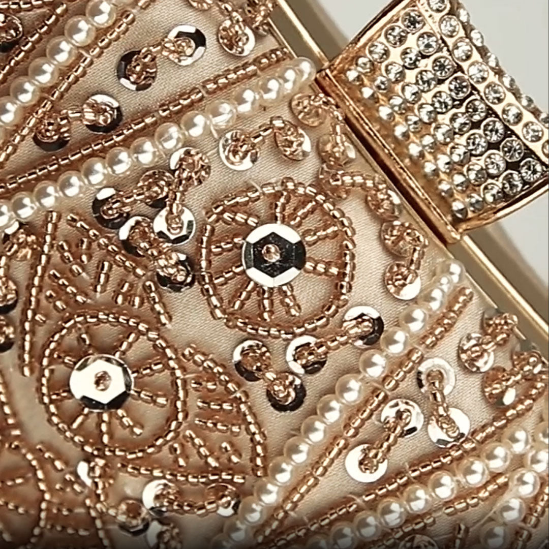 Beaded Pearl Details Apricot Clutch Bag Montipi