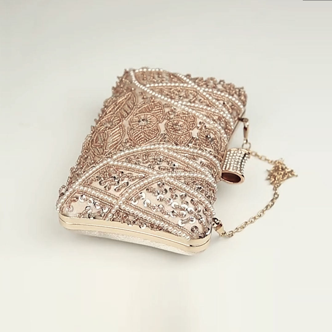 Beaded Pearl Details Apricot Clutch Bag Montipi
