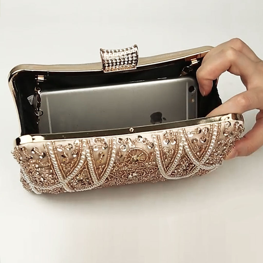 Beaded Pearl Details Apricot Clutch Bag Montipi