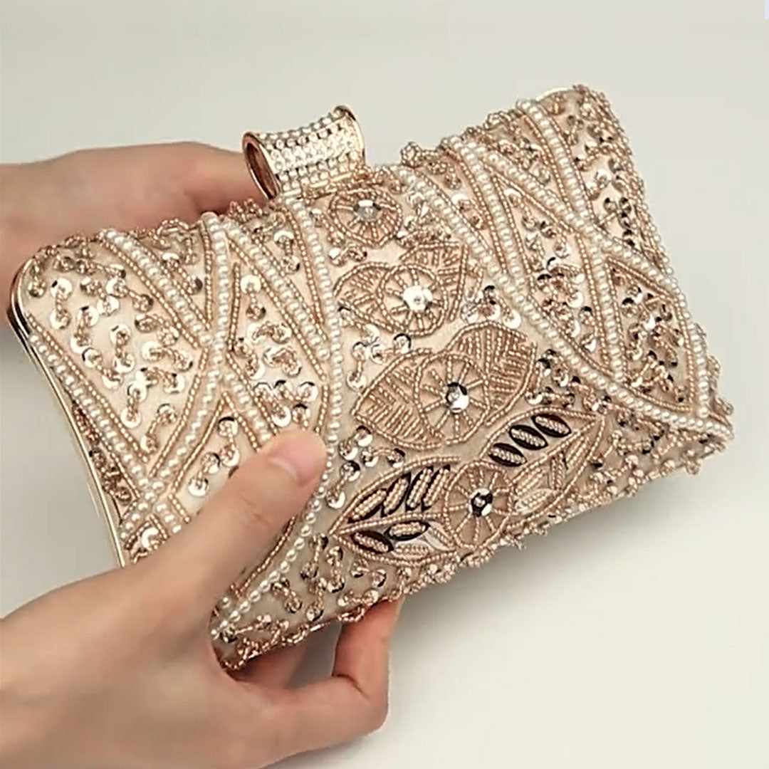 Beaded Pearl Details Apricot Clutch Bag Montipi