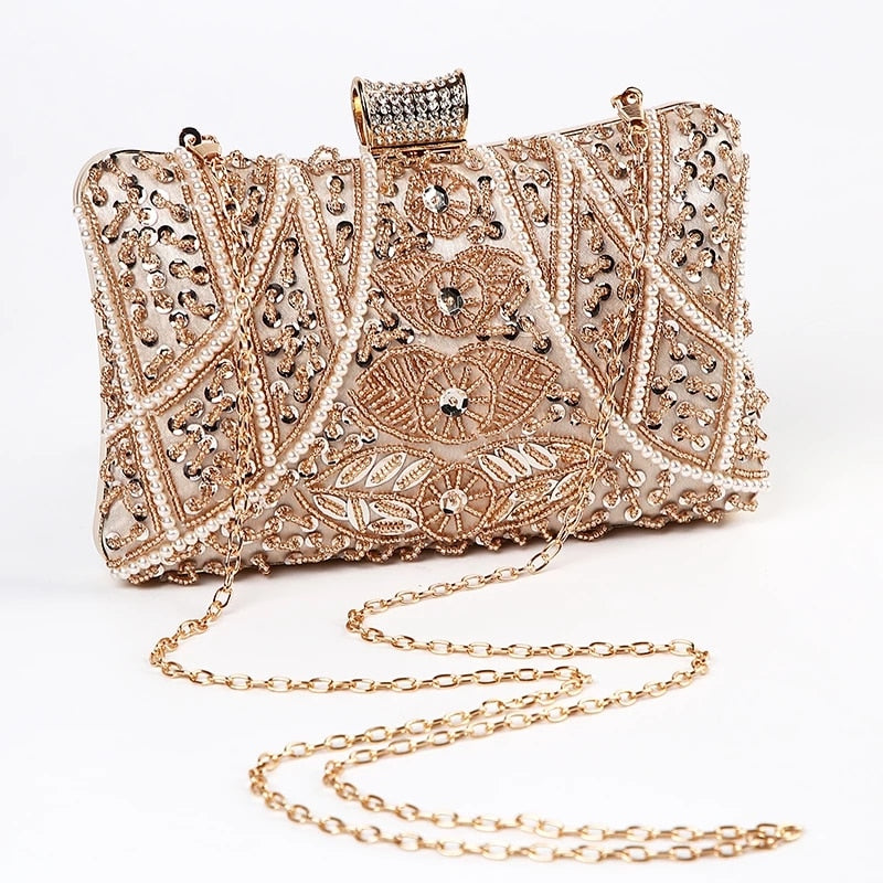 Beaded Pearl Details Apricot Clutch Bag Montipi