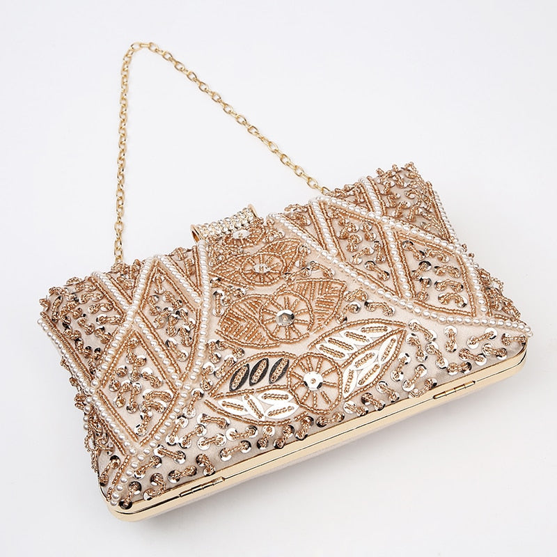 Beaded Pearl Details Apricot Clutch Bag Montipi
