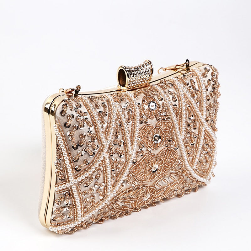 Beaded Pearl Details Apricot Clutch Bag Montipi