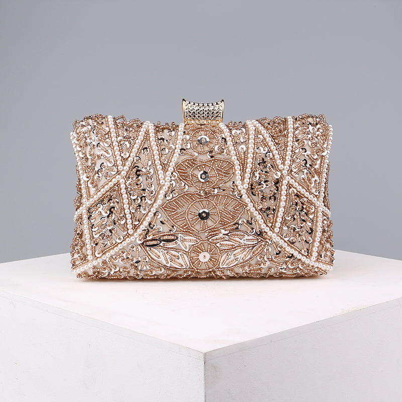 Beaded Pearl Details Apricot Clutch Bag Montipi