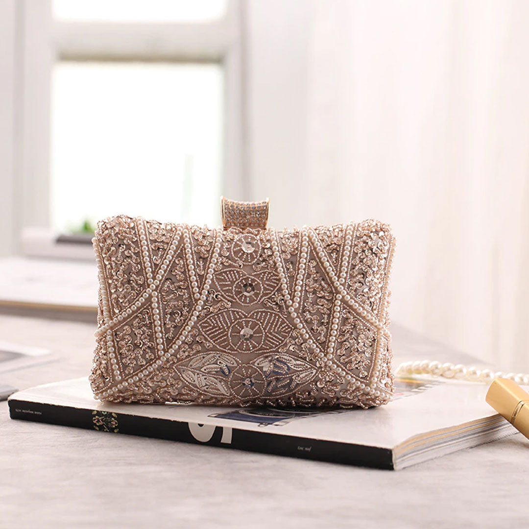 Beaded Pearl Details Apricot Clutch Bag Montipi