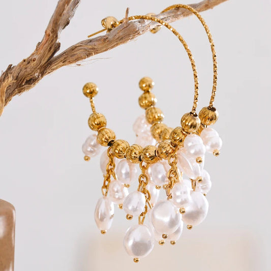 elegant boho chic inspired Pearl Hoop Earrings with pearl tassels gold pendants and hoops by Montipi