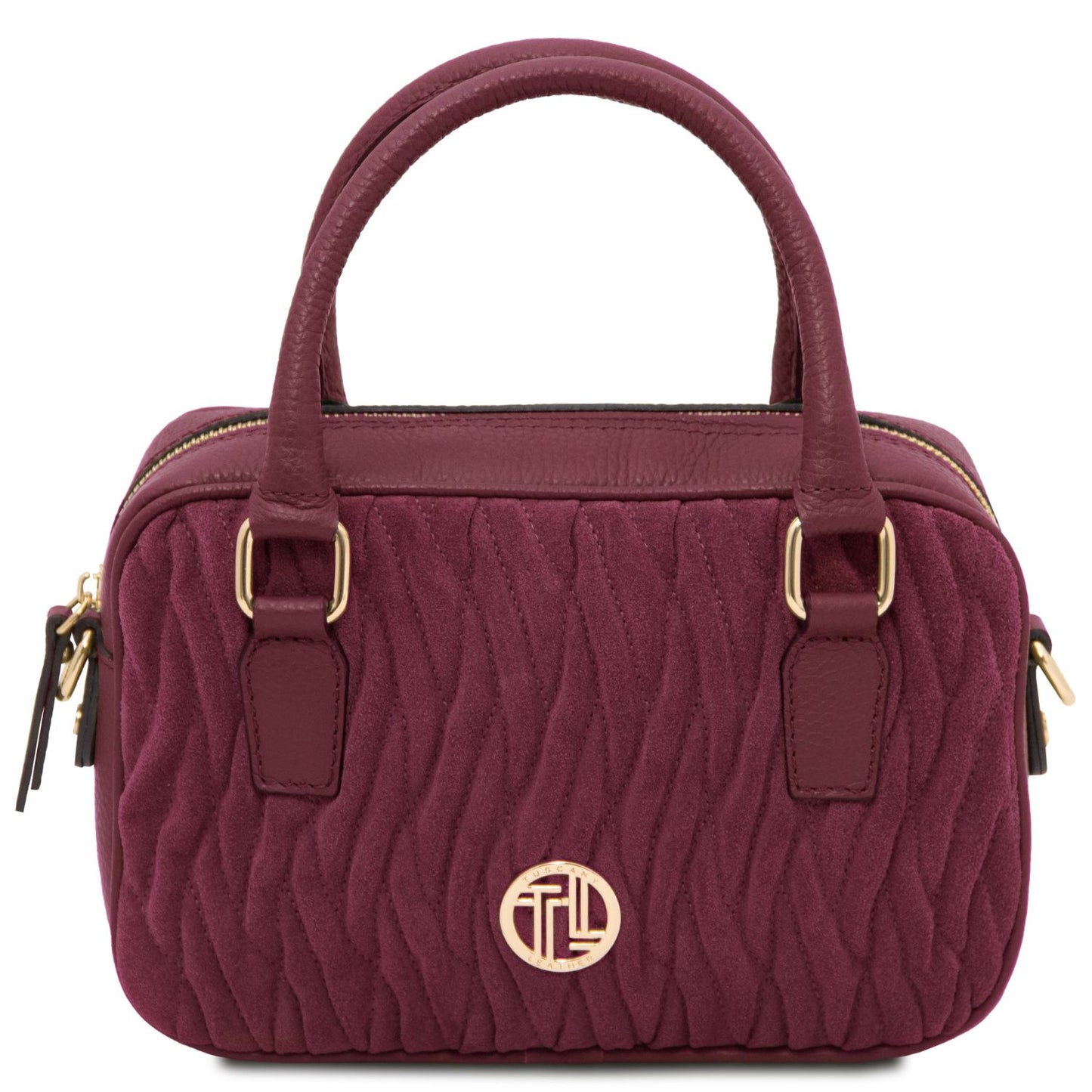 Front view of the Chantilly Suede Handbag in burgundy – a quilted suede Italian leather bag with gold-tone hardware, top handles, and a modern structured silhouette.