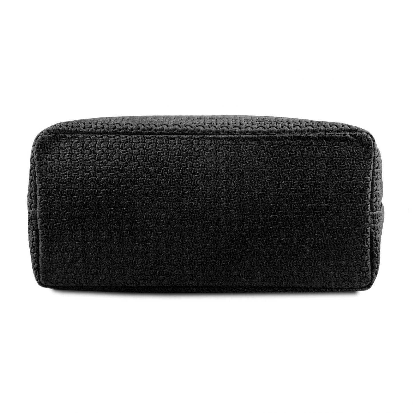 Close up of the Elegant and luxurious woven leather at the bottom of the TL Keyluck Tote Bag in black leather by Montipi Australia signature of a  premium designer bag