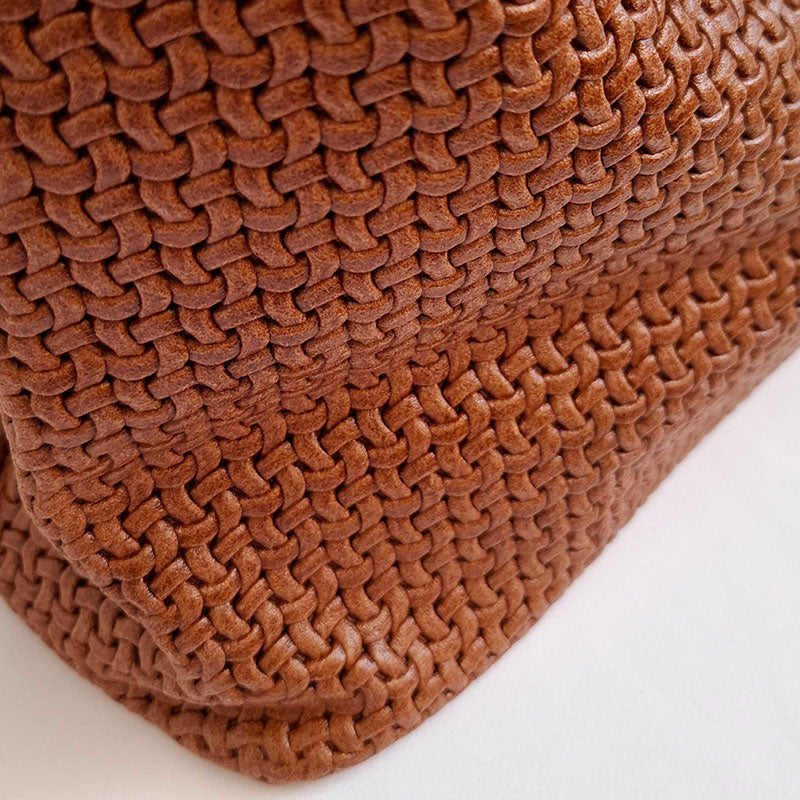 Close up of the Luxurious grain of the woven Leather of the TL Keyluck Tote Bag in cognac leather by Montipi Australia