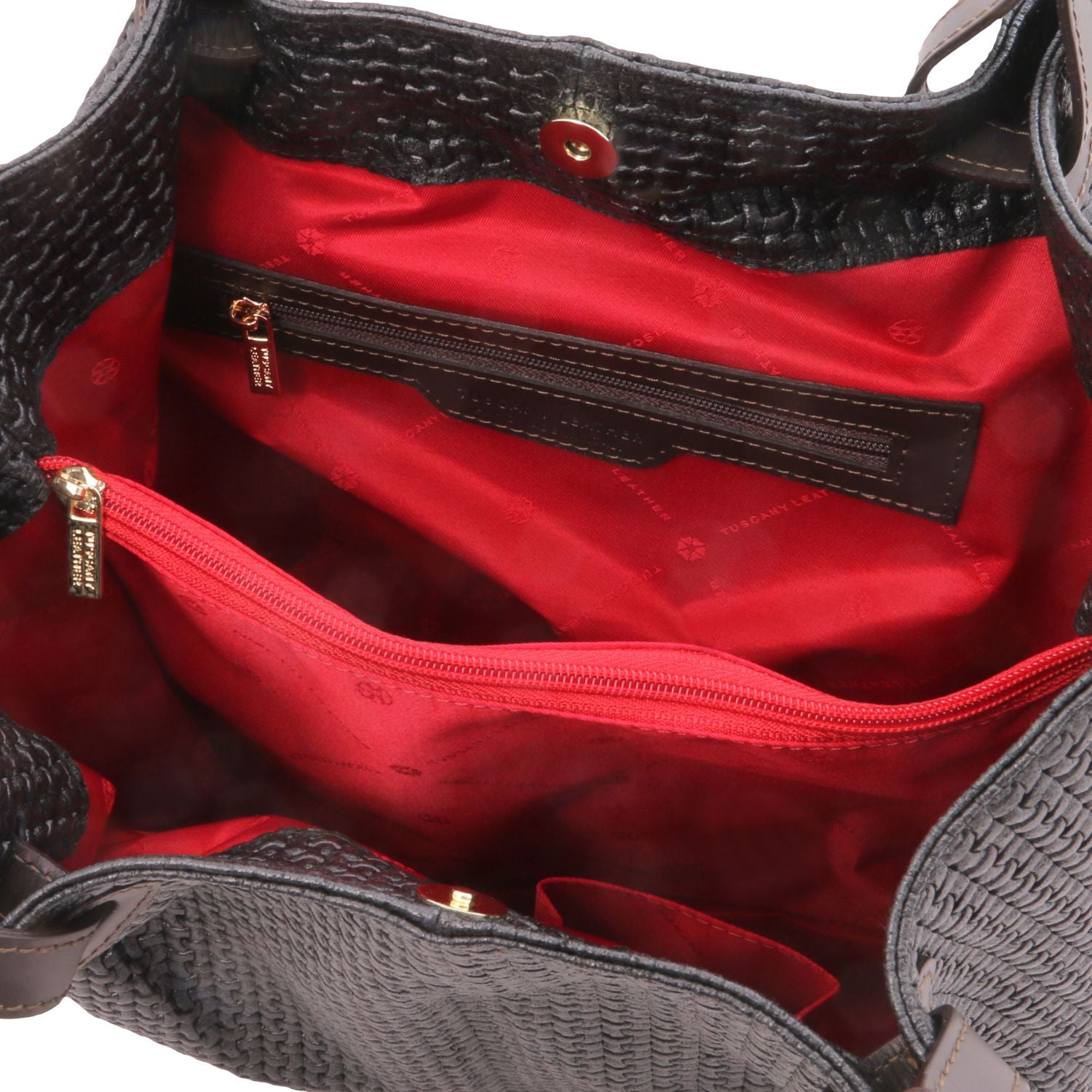 Close up of the Luxurious large organised compartment with red interior and multiple internal zipped pockets and side pockets of the TL Keyluck Tote Bag in black leather by Montipi Australia versatile convenient and durable with luxurious red fabric signature of premium designer bag