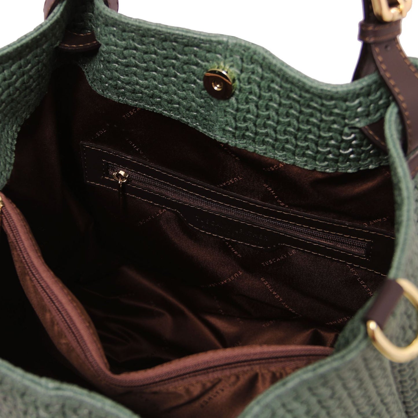 Close up of the Luxurious large organised compartment with rich brown interior and multiple internal zipped pockets and side pockets of the TL Keyluck Tote Bag in forest green leather by Montipi Australia versatile convenient and durable with luxurious brown fabric signature of premium designer bag