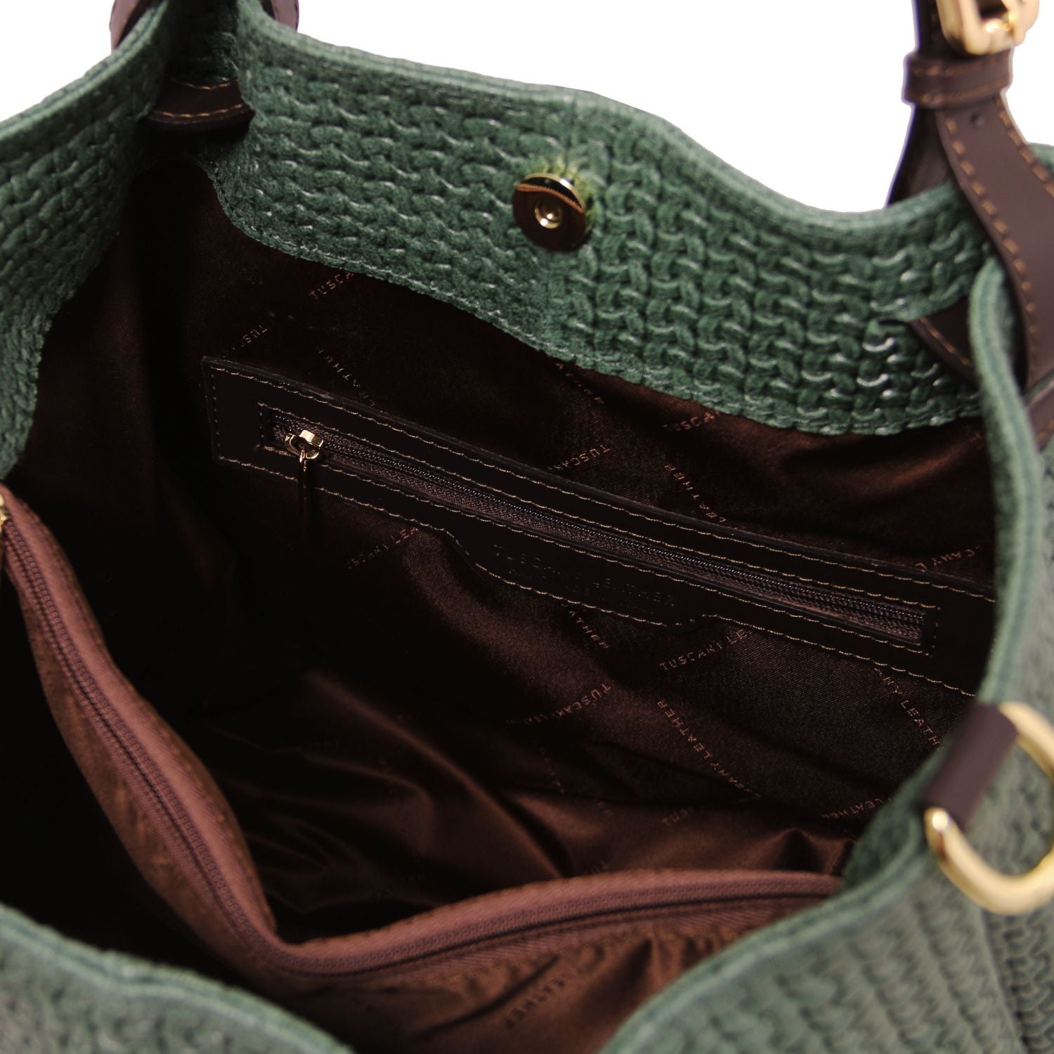 Close up of the Luxurious large organised compartment with rich brown interior and multiple internal zipped pockets and side pockets of the TL Keyluck Tote Bag in forest green leather by Montipi Australia versatile convenient and durable with luxurious brown fabric signature of premium designer bag