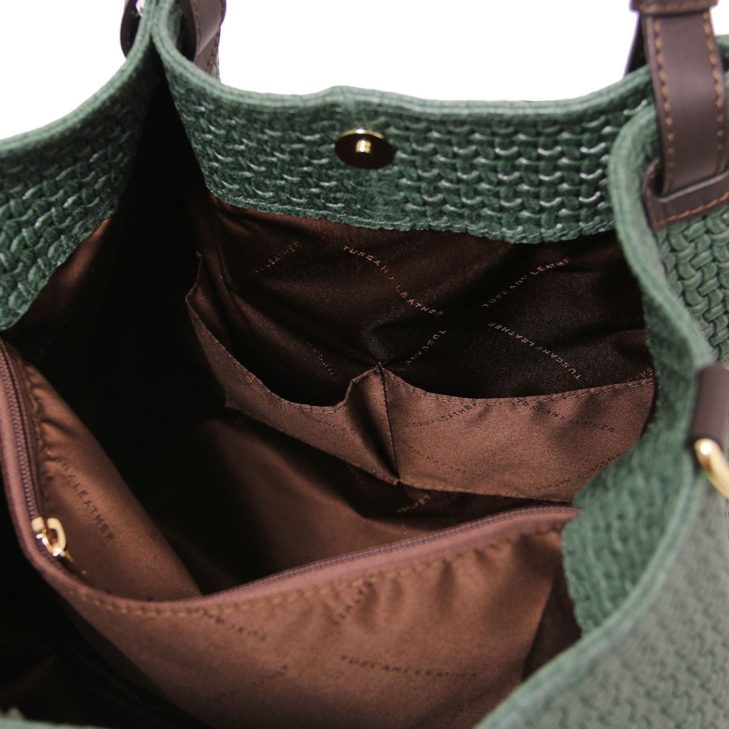 Close up of the Luxurious rich brown interior with large organised compartment with central internal zipped pocket and side pockets of the TL Keyluck Tote Bag in forest green leather by Montipi Australia smart and convenient design to organise and quickly access all your essentials with luxurious brown fabric signature of premium designer bag