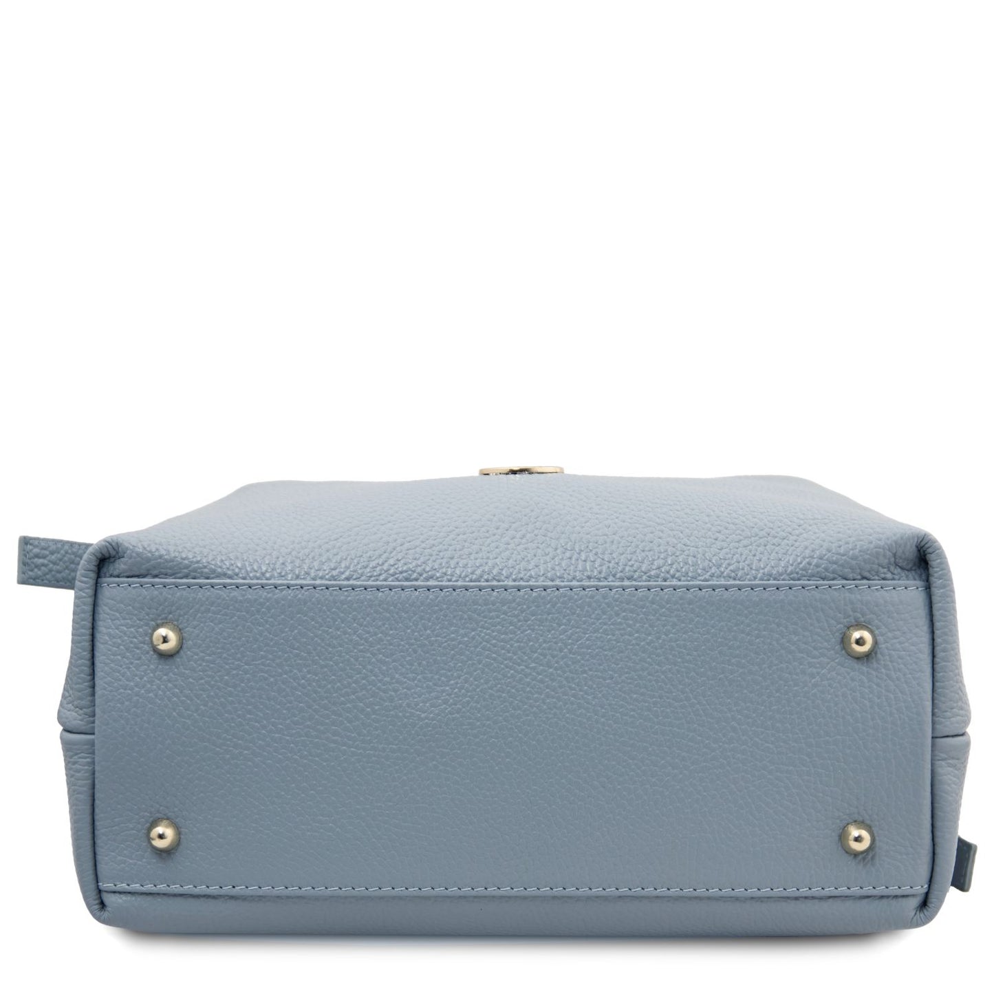 Bottom view of Diade suede leather shoulder bag with protective metal feet and light blue pebbled grain detail