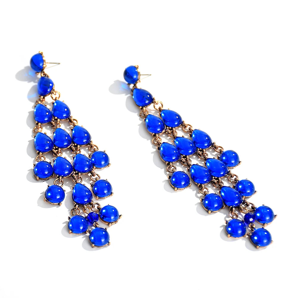 Elegant-Vibrant Blue Crystals-Tassel-Drop-Earrings-by Montipi