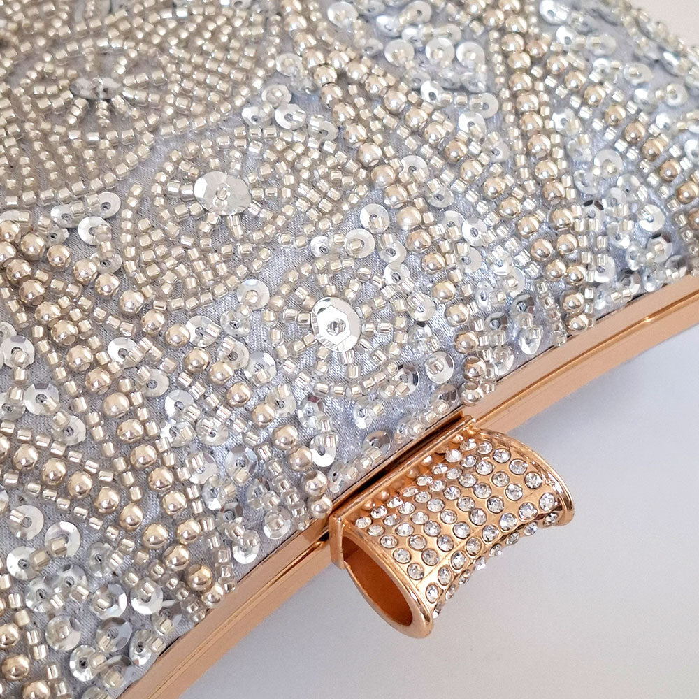 Luxe Silver Wedding Clutch Bag detailed gold tone hasp with crystal and intricate silver beaded design with silver sequin by Montipi Australia