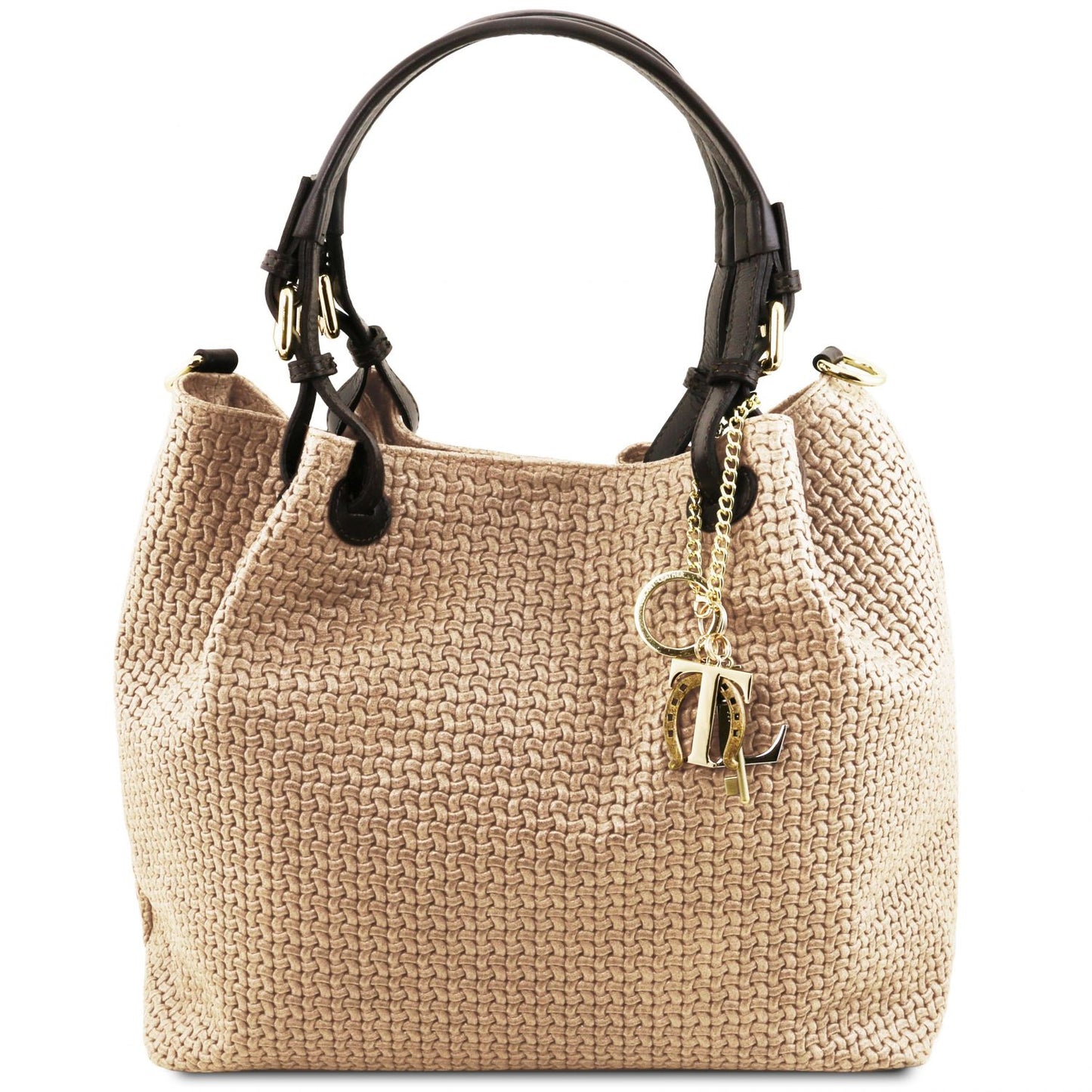 Elegant and Luxurious woven leather design of the TL Keyluck Tote Bag in beige leather by Montipi Australia everyday Casual Chic work leather tote bag with gold keyring