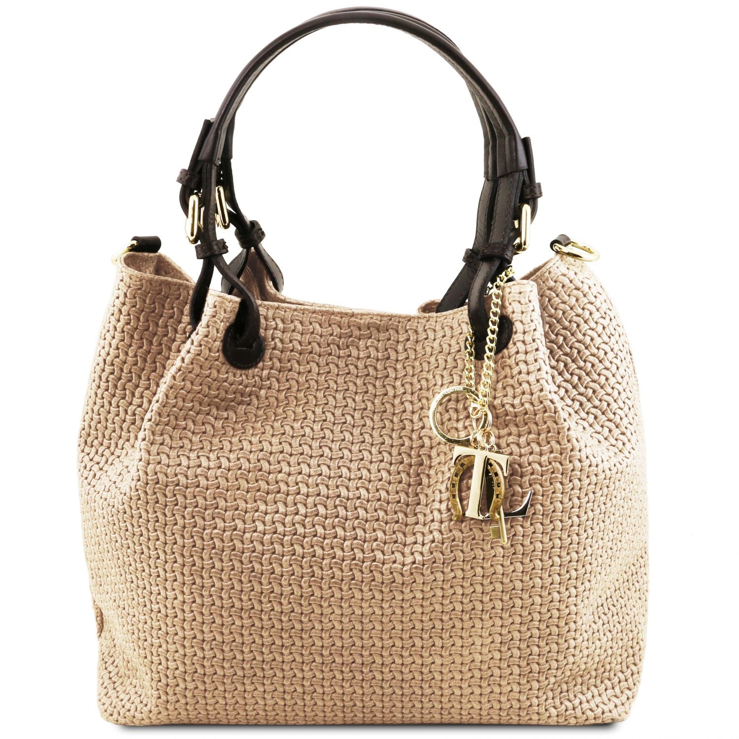 Elegant and Luxurious woven leather design of the TL Keyluck Tote Bag in beige leather by Montipi Australia everyday Casual Chic work leather tote bag with gold keyring