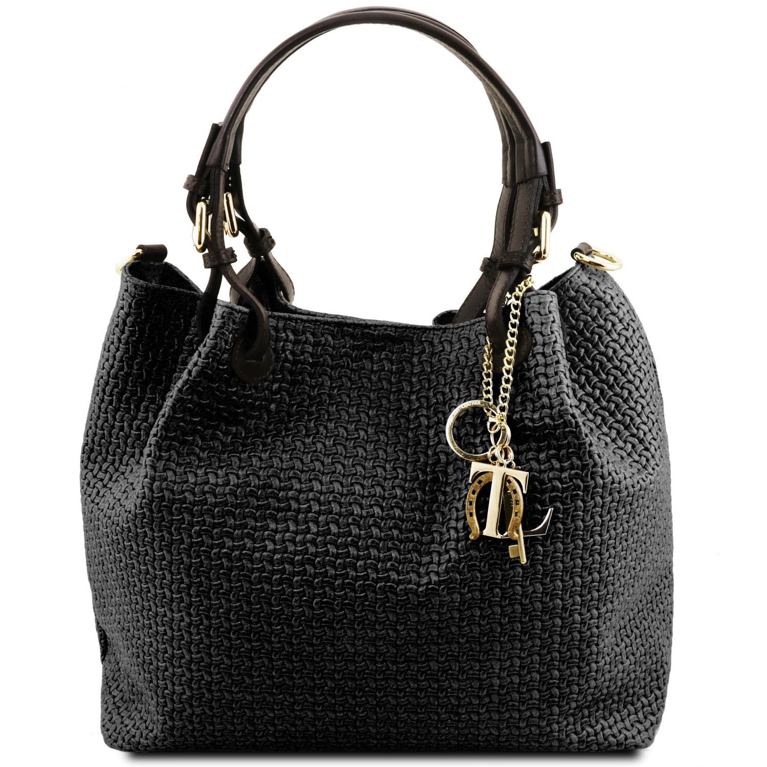 Elegant and Luxurious woven leather design of the TL Keyluck Tote Bag in black leather by Montipi Australia everyday Casual Chic work leather tote bag with gold keyring