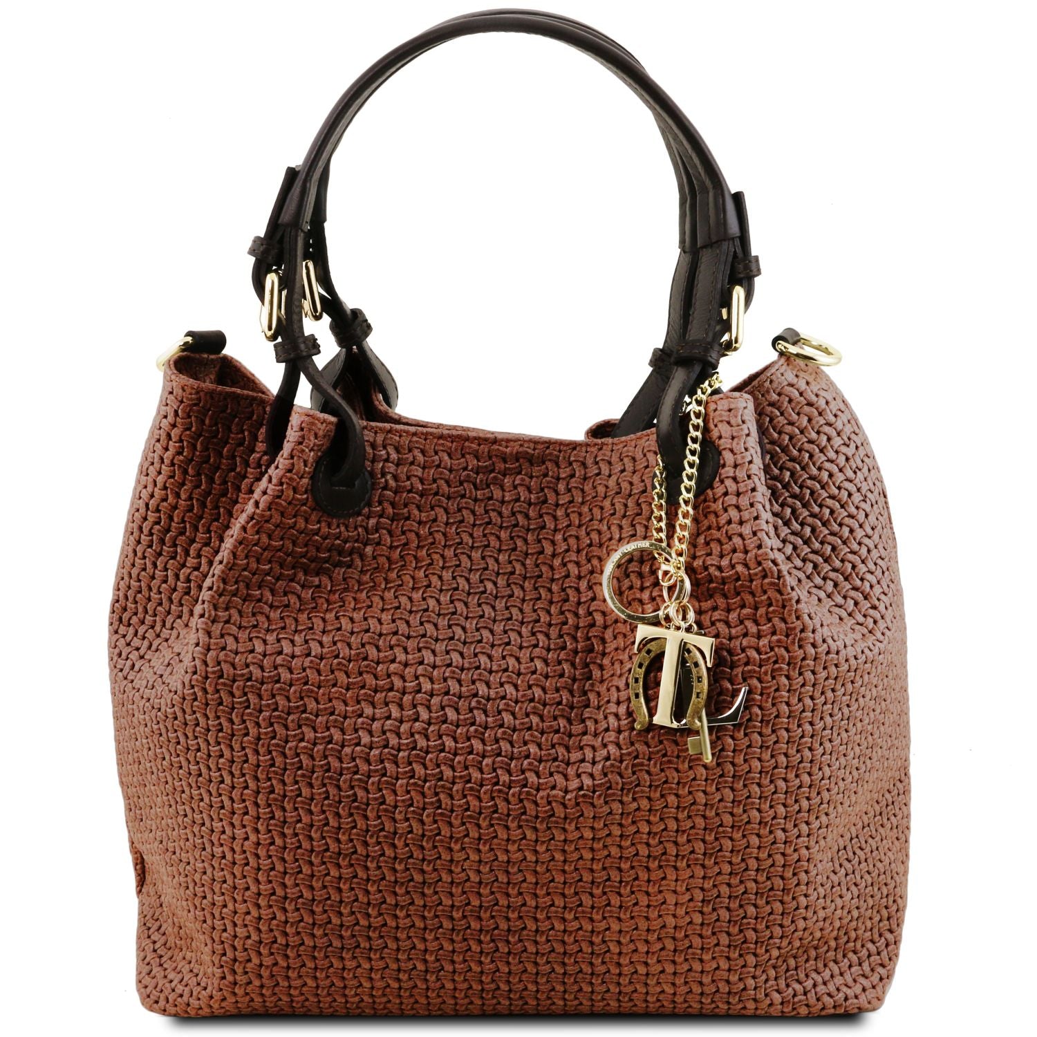 Elegant and Luxurious woven leather design of the TL Keyluck Tote Bag in cognac leather by Montipi Australia everyday Casual Chic work leather tote bag with gold keyring
