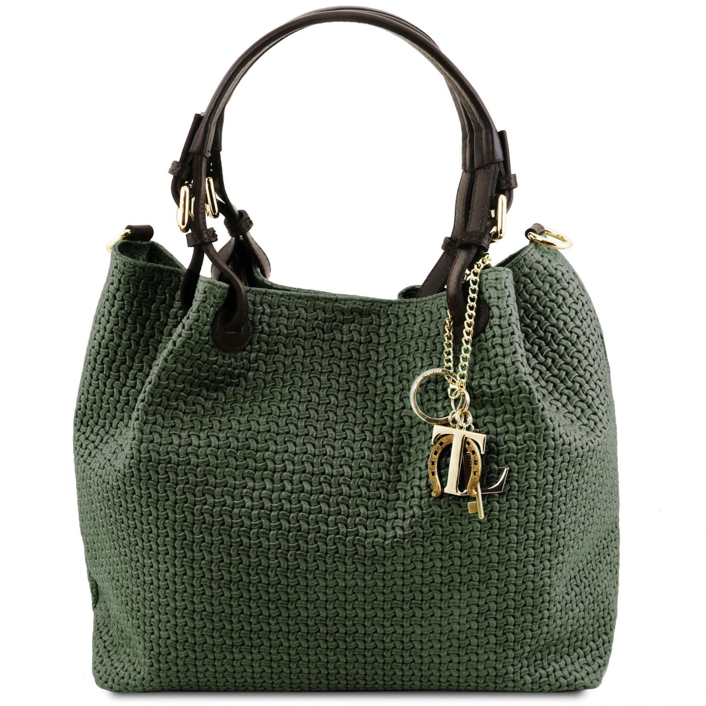 Elegant and Luxurious woven leather design of the TL Keyluck Tote Bag in forest green leather by Montipi Australia everyday Casual Chic work leather tote bag with gold keyring