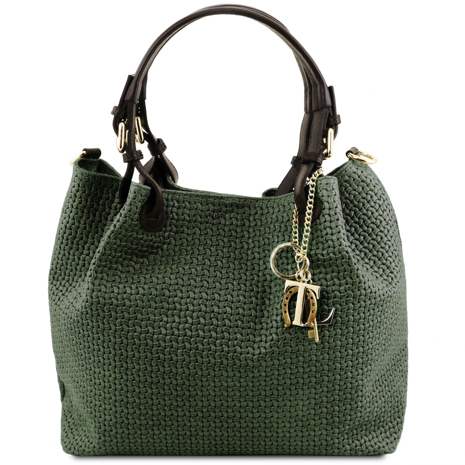 Elegant and Luxurious woven leather design of the TL Keyluck Tote Bag in forest green leather by Montipi Australia everyday Casual Chic work leather tote bag with gold keyring