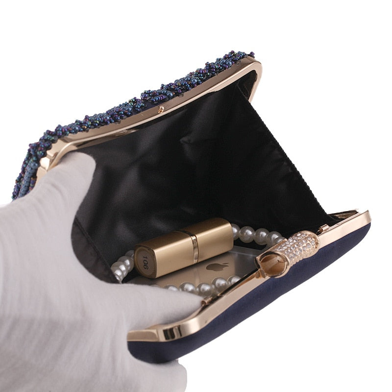 Elegant and Sophisticated London Blue Pearl Evening Clutch Bag with large compartment to fit smart phone and beauty accessories during weddings or evening celebrations by Montipi Australia