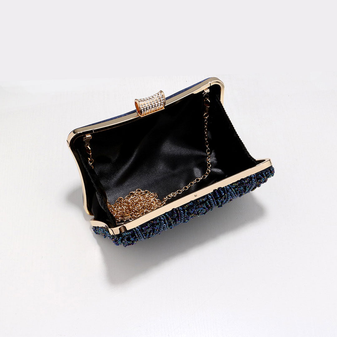 Elegant and Sophisticated London Blue Pearl Evening Clutch Bag with removable gold chain shoulder strap and chain handle for weddings or evening celebrations by Montipi Australia