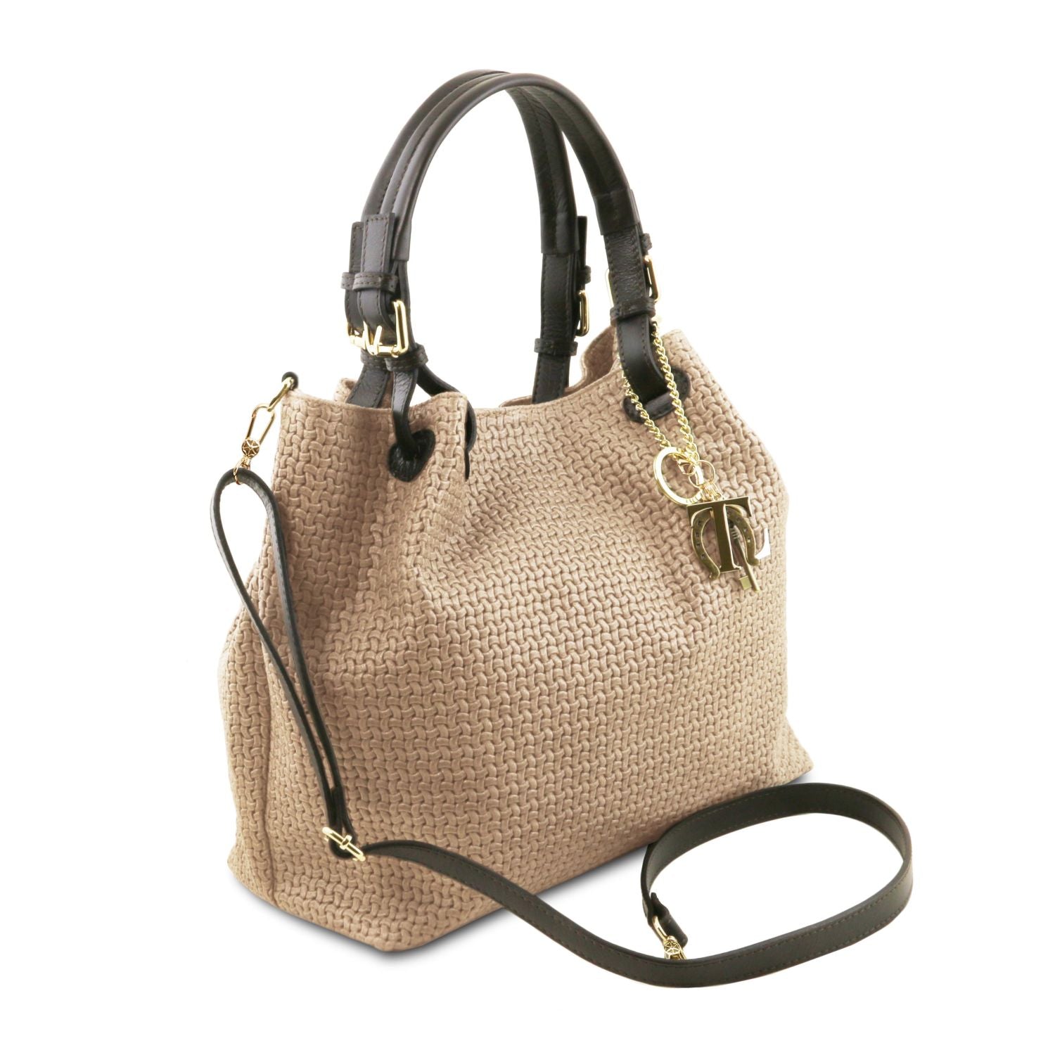 Elegant and modern refined design in beige woven leather of the TL Keyluck Tote Bag by Montipi Australia luxurious and smart casual perfect to carry your essentials everyday or to work in this premium designer bag