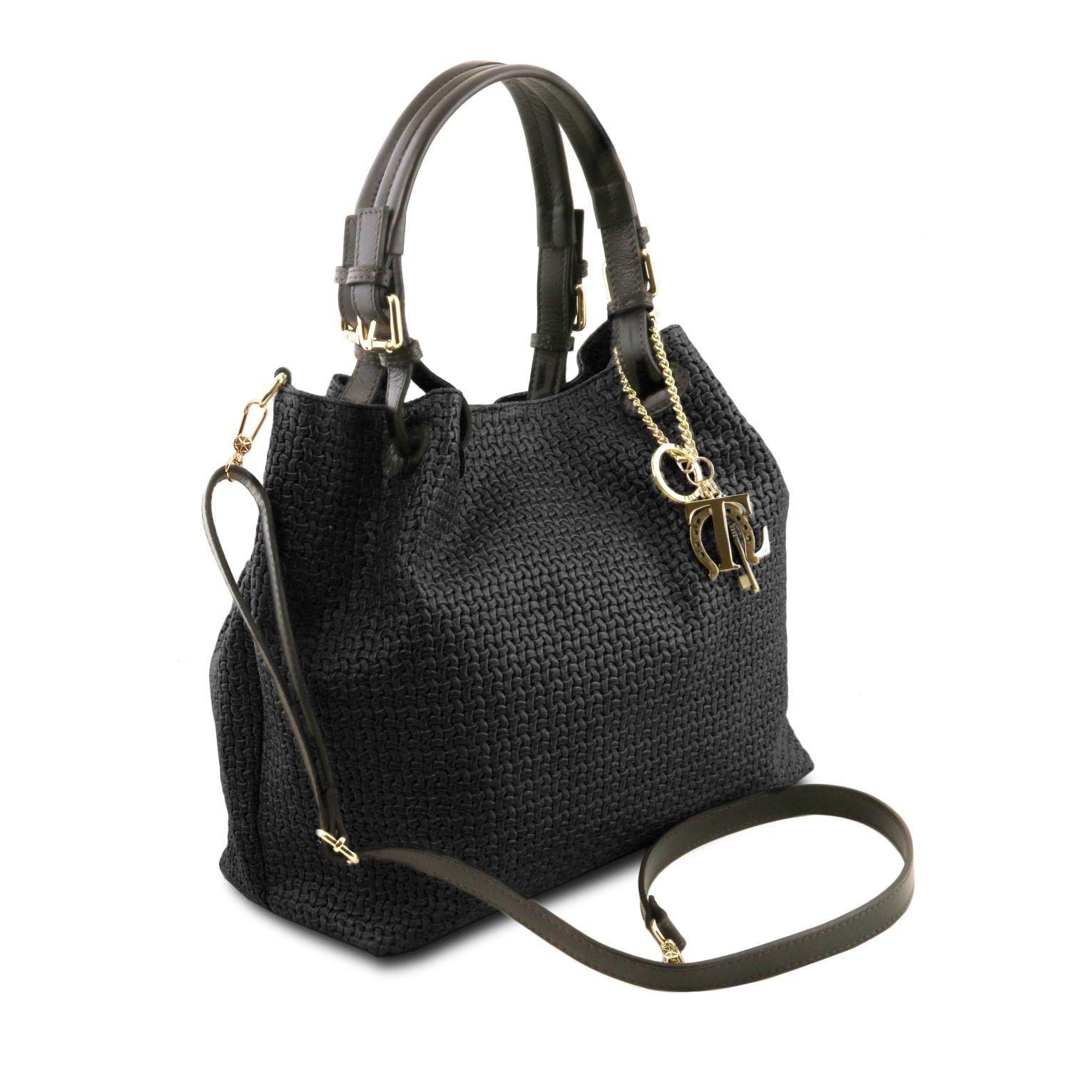 Elegant and modern refined design in black woven leather of the TL Keyluck Tote Bag by Montipi Australia luxurious and smart casual perfect to carry your essentials everyday or to work in this premium designer bag