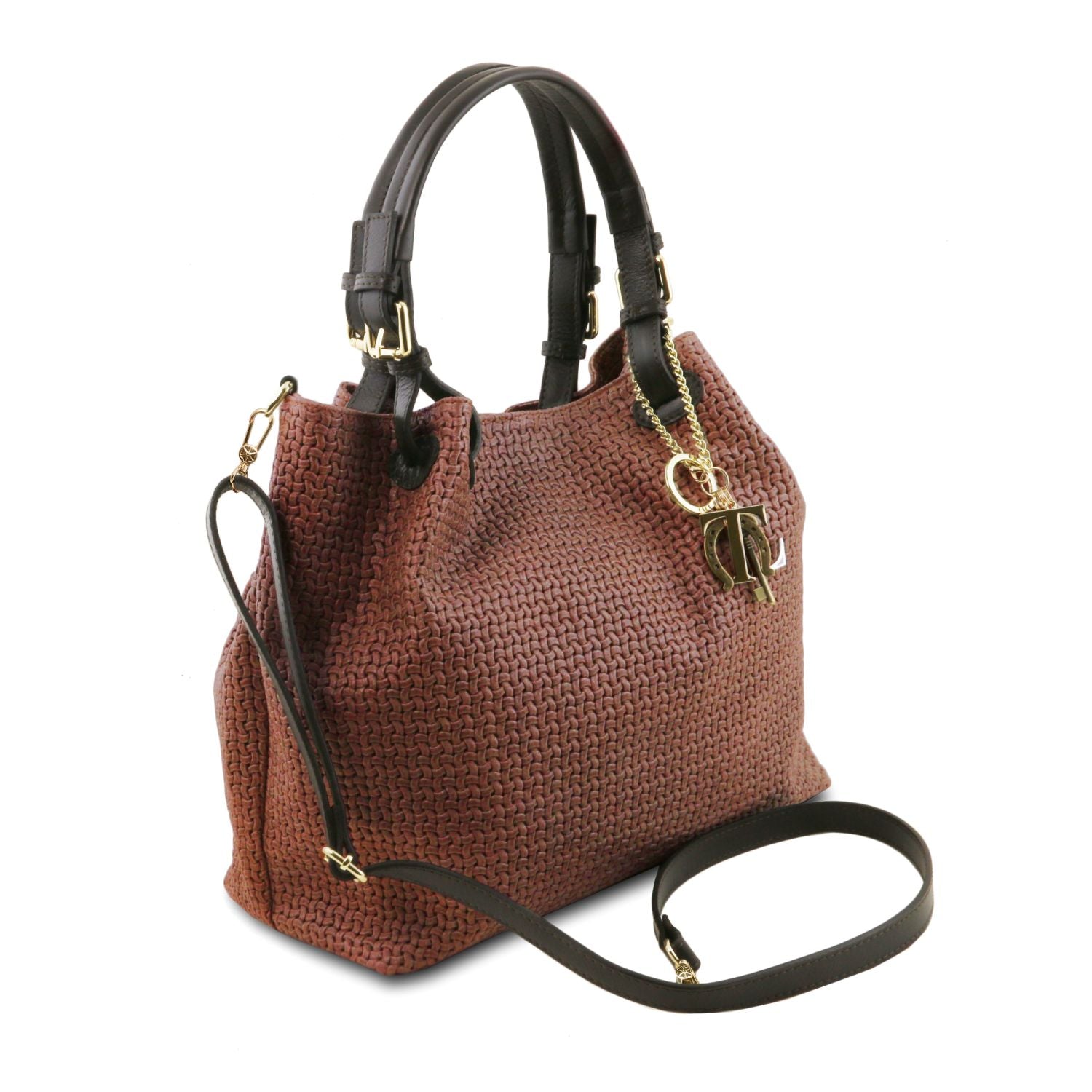 Elegant and modern refined design in cognac woven leather of the TL Keyluck Tote Bag by Montipi Australia luxurious and smart casual perfect to carry your essentials everyday or to work in this premium designer bag