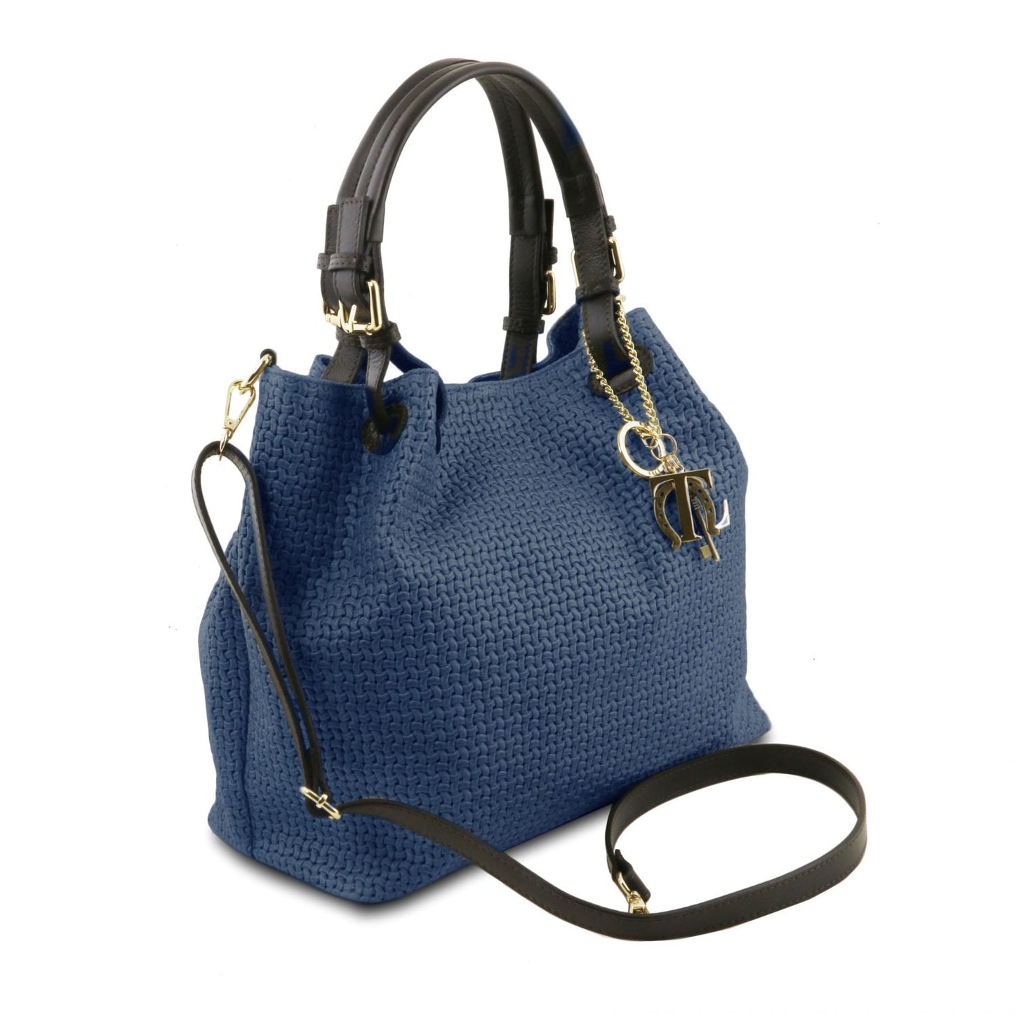 Elegant and modern refined design in 
 dark blue woven leather of the TL Keyluck Tote Bag by Montipi Australia luxurious and smart casual perfect to carry your essentials everyday or to work in this premium designer bag