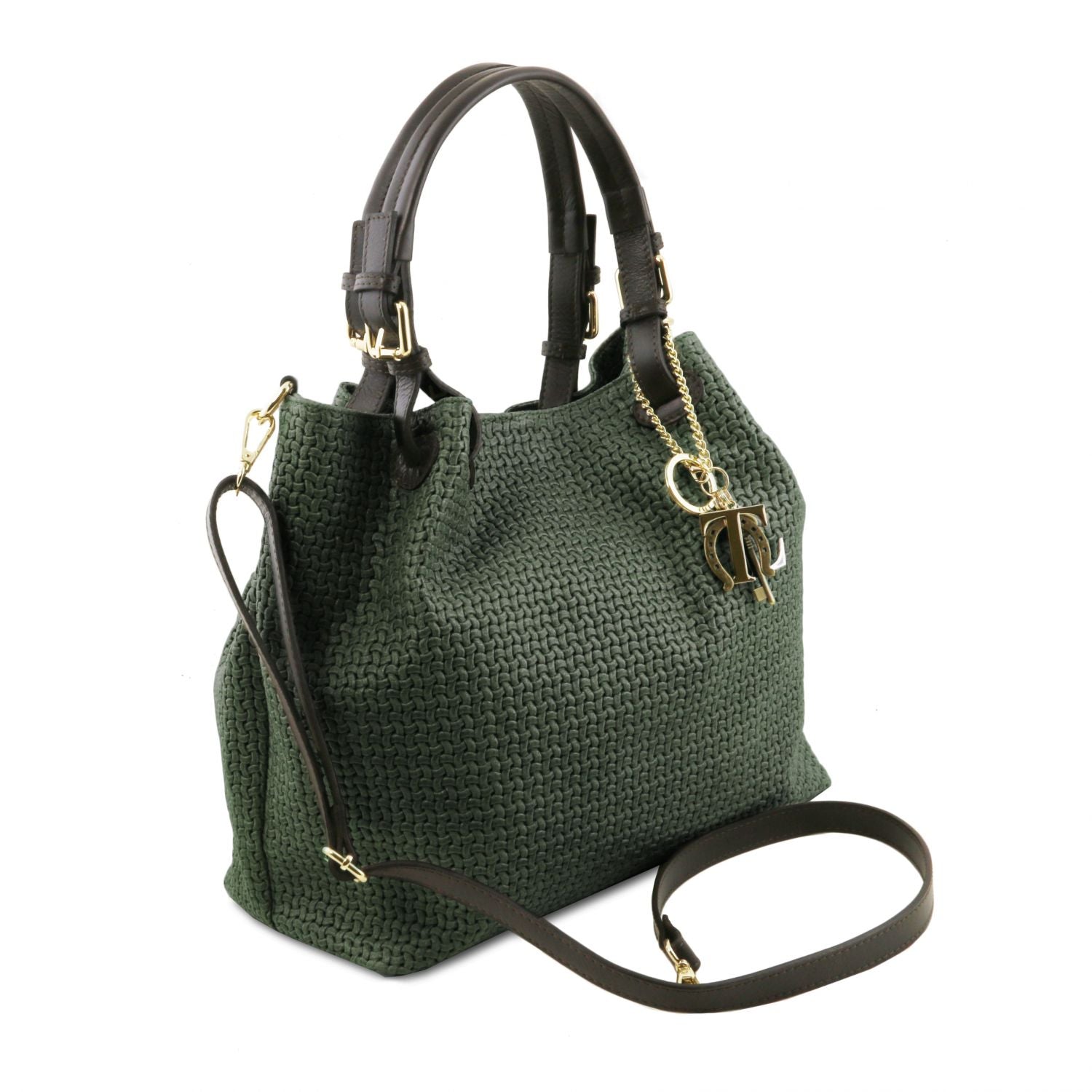 Elegant and modern refined design in forest green woven leather of the TL Keyluck Tote Bag by Montipi Australia luxurious and smart casual perfect to carry your essentials everyday or to work in this premium designer bag