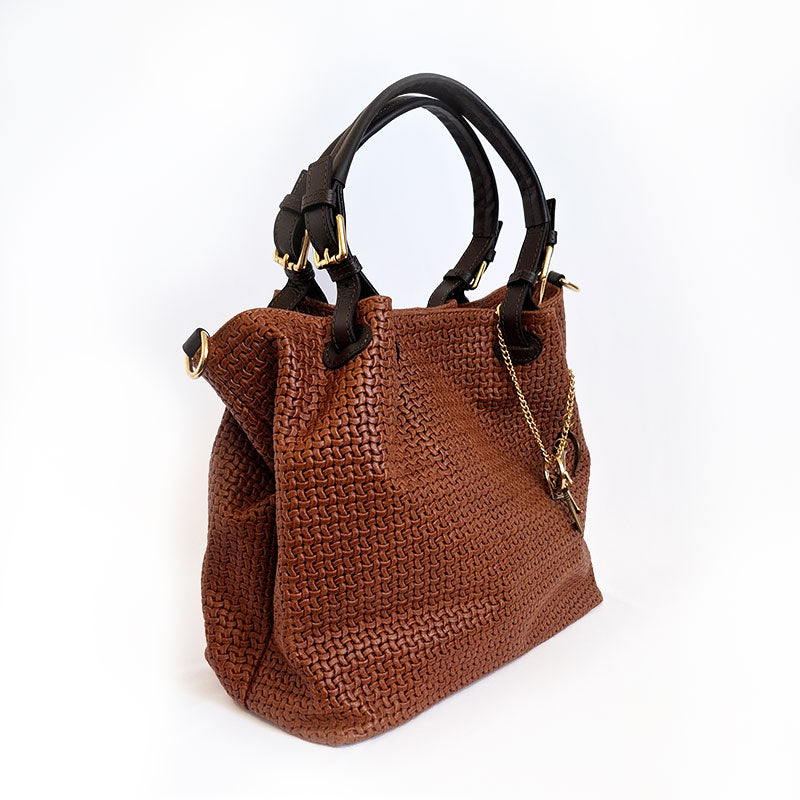 Elegant and modern refined design in  woven leather of the TL Keyluck Tote Bag in cognac leather by Montipi Australia luxurious and smart casual perfect to carry your essentials everyday or to work in this premium designer bag