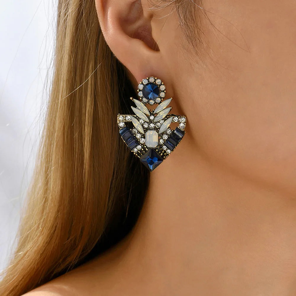 Elegant Blue Crystal Earrings with unique stylish crystal rhinestones design in dark blue & silver colour by Montipi Australia