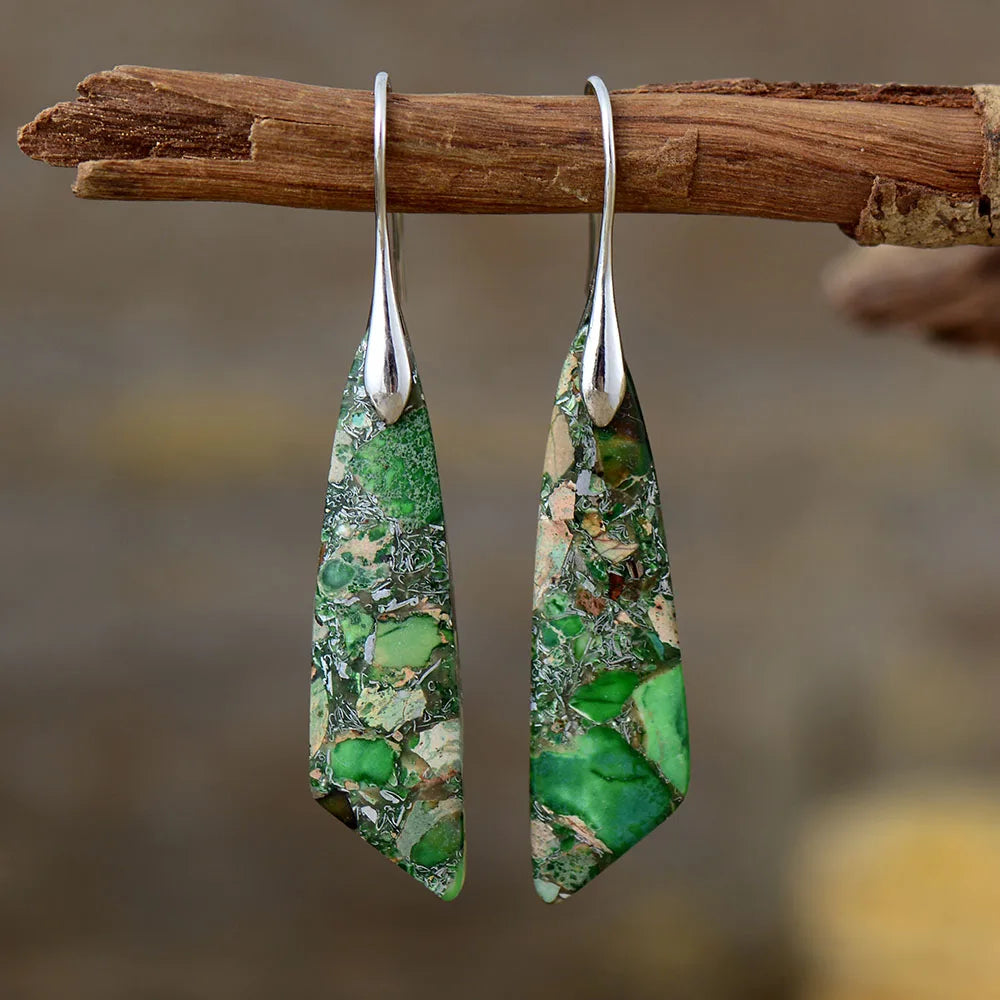elegant stone earrings in green Jasper with silver hooks by Montipi