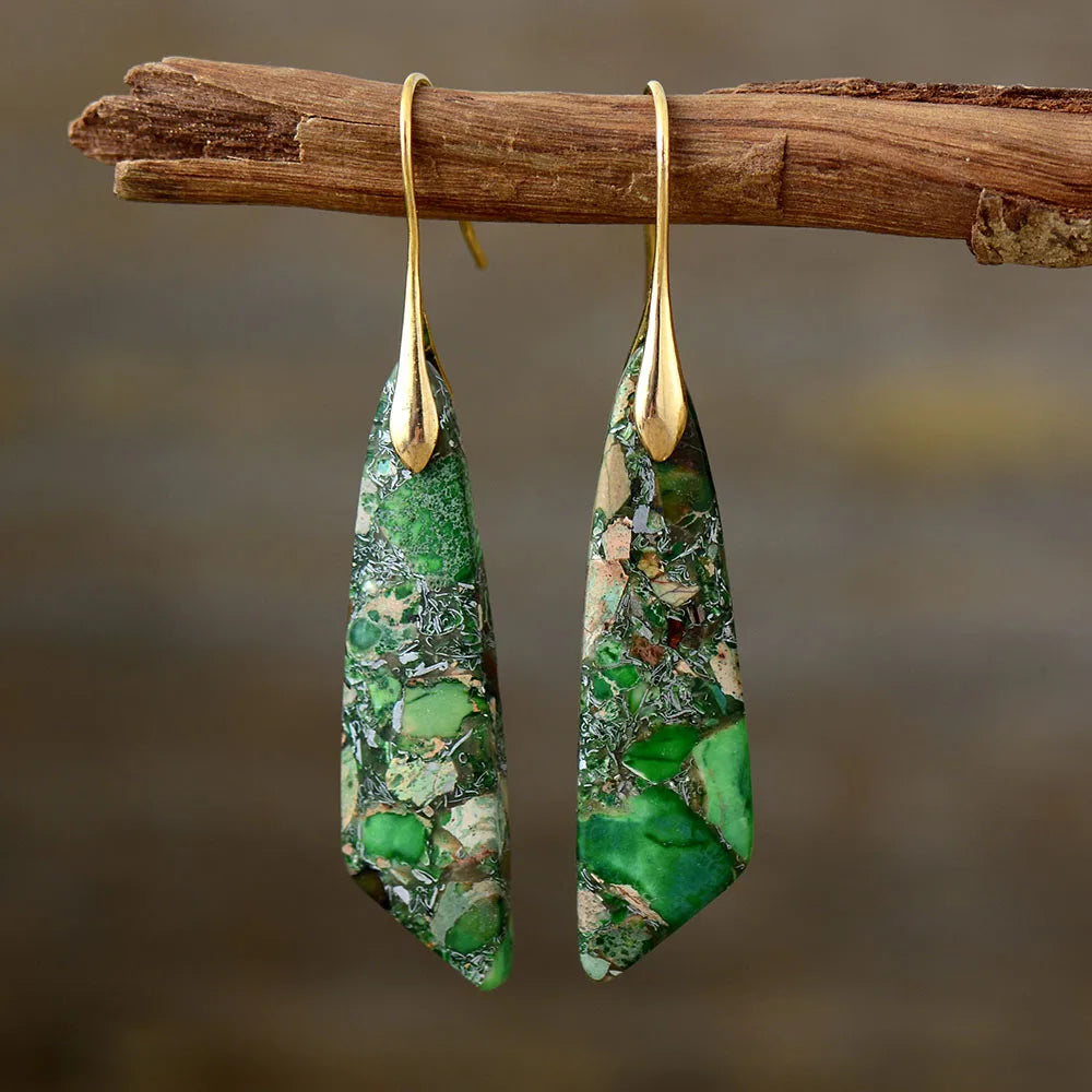 elegant stone earrings in green Jasper with gold hooks by Montipi