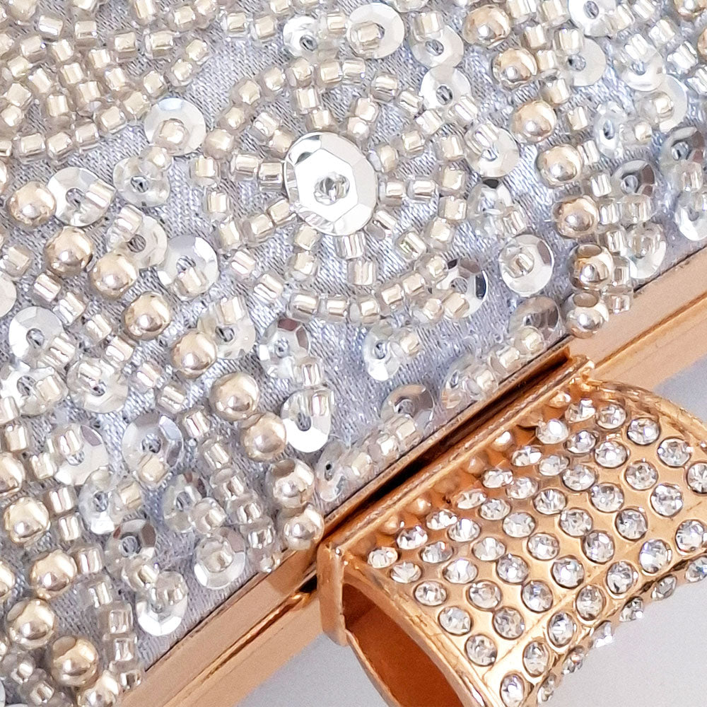 Luxe Silver Wedding Clutch Bag detailed gold tone hasp with crystal and intricate silver beaded design with silver sequin by Montipi Australia