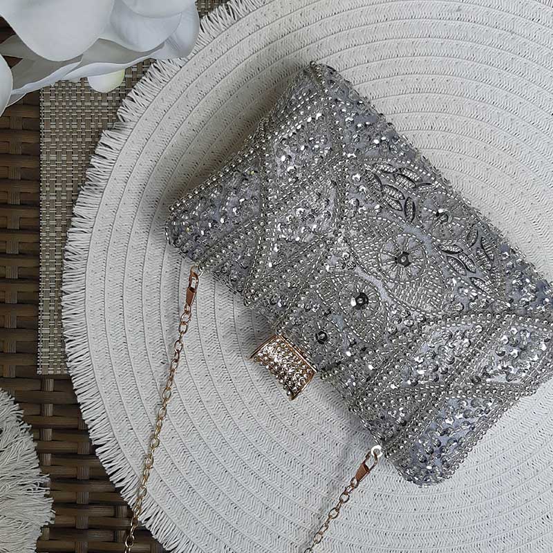 Elegant Luxe Silver Wedding Clutch Bag with intricate silver beaded design and silver sequin elegant silver wedding clutch bag by Montipi Australia