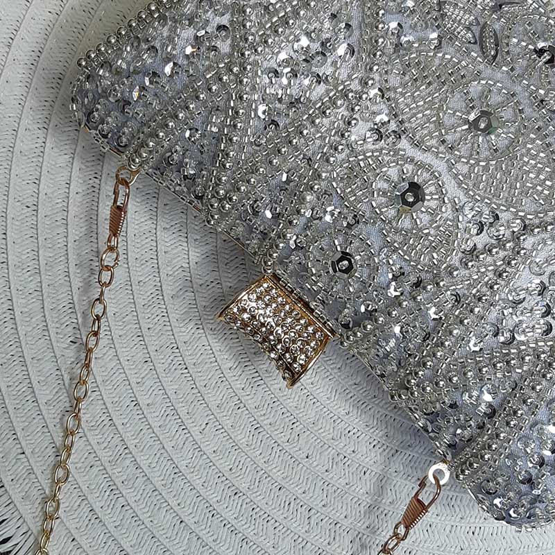 Luxe Silver Wedding Clutch Bag with intricate silver beaded design with silver sequin by Montipi Australia