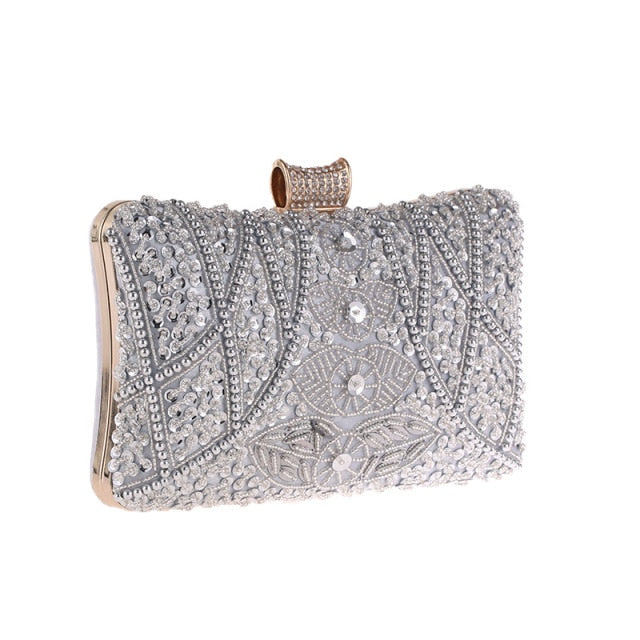 Luxe Silver Wedding Clutch Bag with intricate silver beaded design silver sequins and gold hasp closure with crystals to elevate your wedding guest dress by Montipi Australia