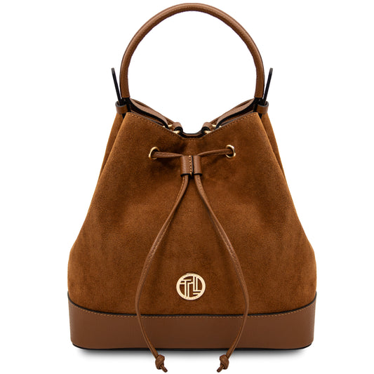 Cognac brown suede bucket bag with gold-tone hardware – Minerva Suede Bucket Bag by Montipi.