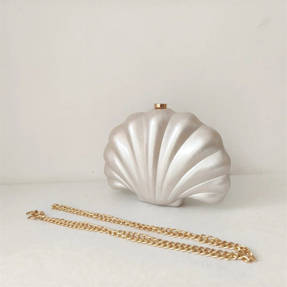 Original shell design Mermaid Pearl Shell Clutch Bag with removable gold chain shoulder strap by Montipi Australia