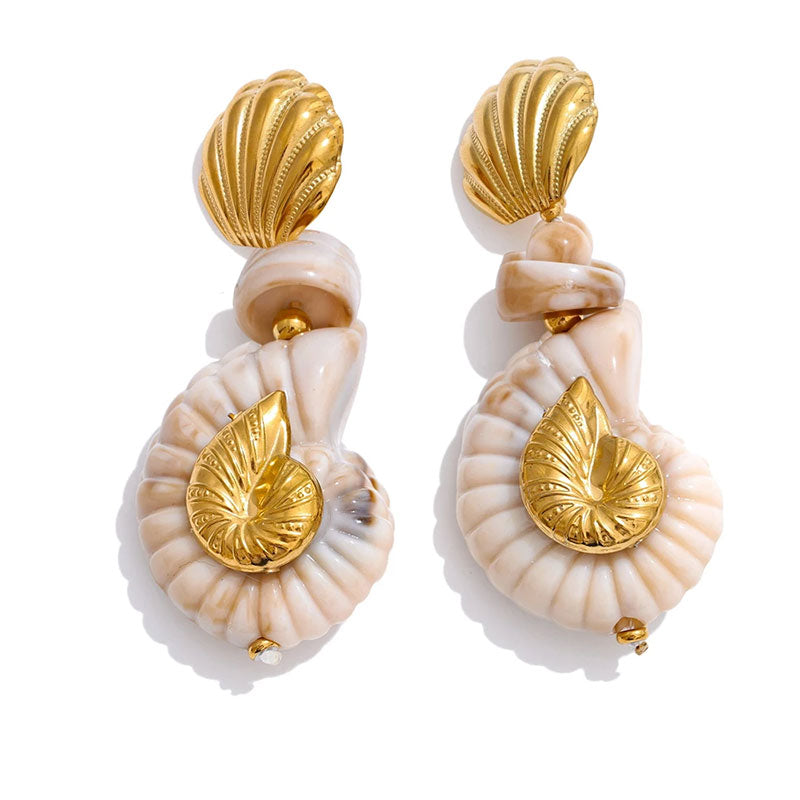 Gold shell statement earrings with marbled ivory nautilus drops and textured gold tops — coastal boho-luxe style by Montipi