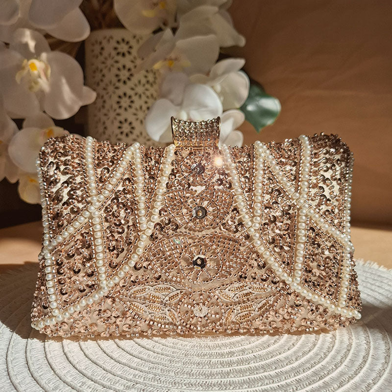 Rose Gold Beaded Clutch Elegant Vintage-Inspired Bag – Montipi
