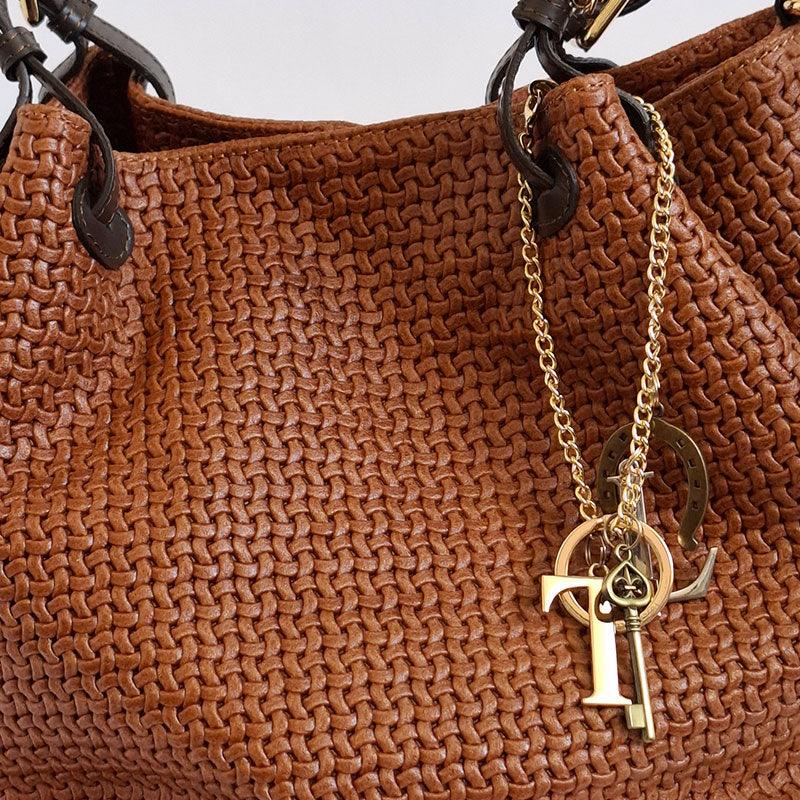 Elegant Luxury Designer Leather Bag TL Keyluck Tote Bag in cognac leather by Montipi Australia everyday Casual Chic work leather tote bag with luxurious gold keyring