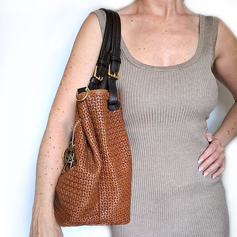 Elegant Luxury Designer Leather Bag TL Keyluck Tote Bag in cognac leather by Montipi Australia everyday Casual Chic work leather tote bag with gold keyring and premium leather handles