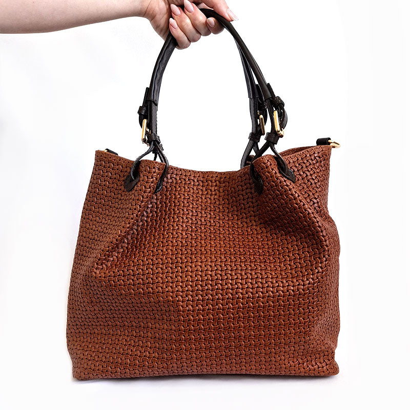 Elegant Luxury Designer Soft Woven Leather Bag TL Keyluck Tote Bag in cognac leather by Montipi Australia everyday Casual Chic work leather tote bag premium leather details